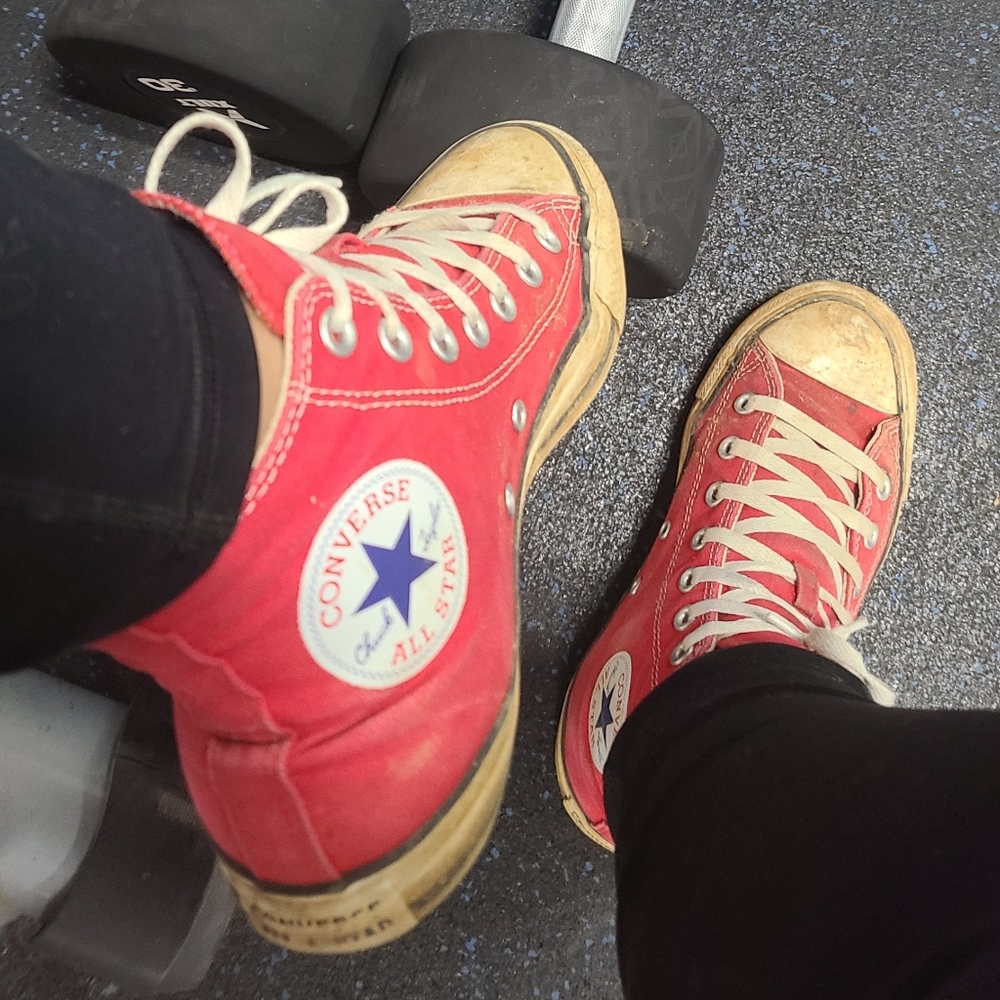 Old Worn Gym Shoes Red High Top Converse Womens Size 7
